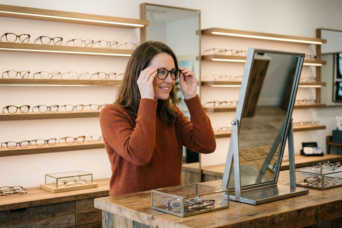 A person trying on a pair of trendy glasses at the optometrists