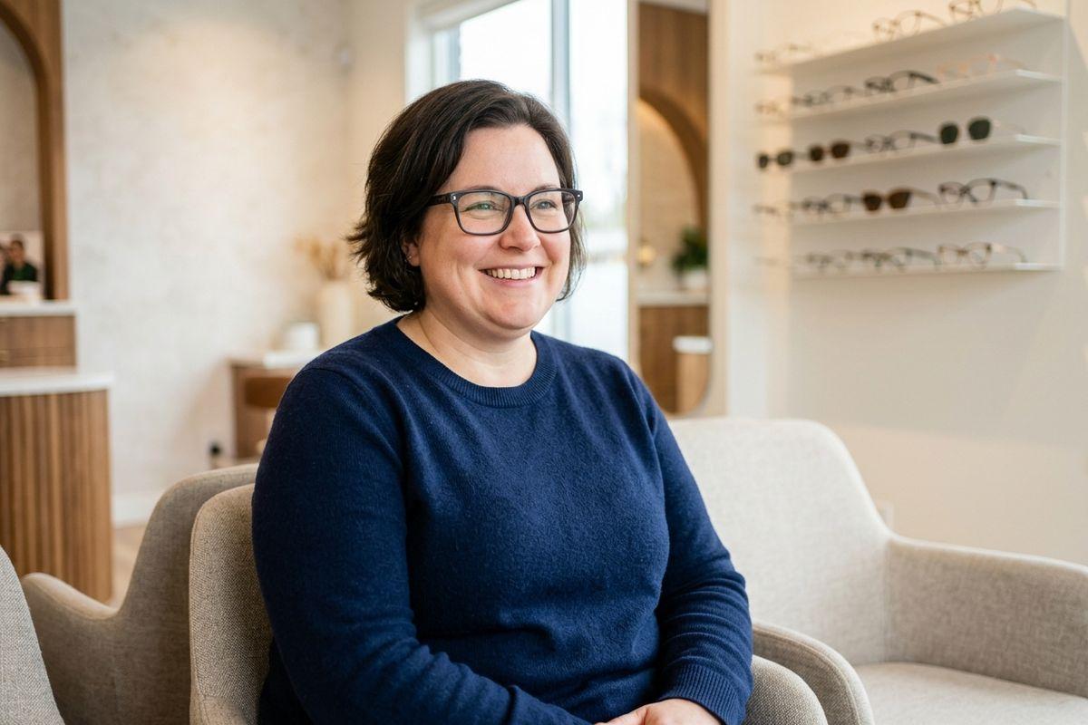 A person with a round face wearing a pair of glasses that compliment their face shape