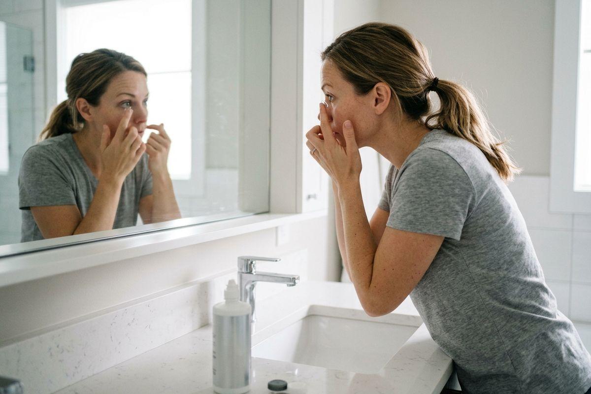 a person looking in the mirror as they put a contact lens in their eye