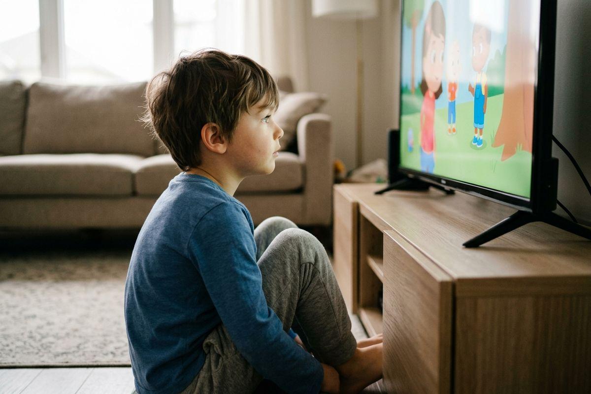 a child sitting close in front of a tv
