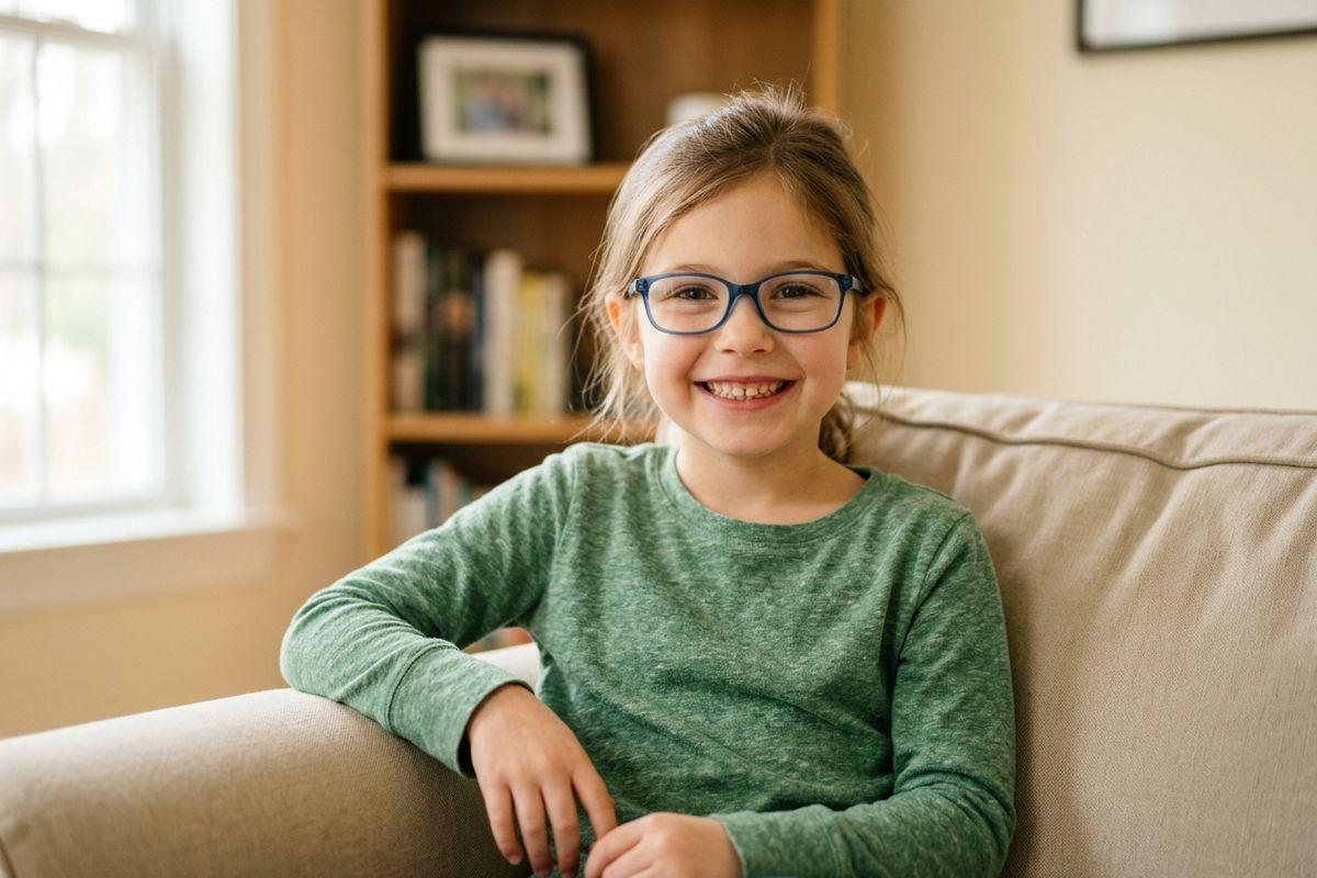 a child sitting on a couch wearing glasses and smiling