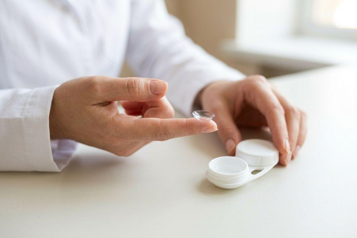 Optometrist holding a contact lens on a fingertip beside an open white lens case on a table.