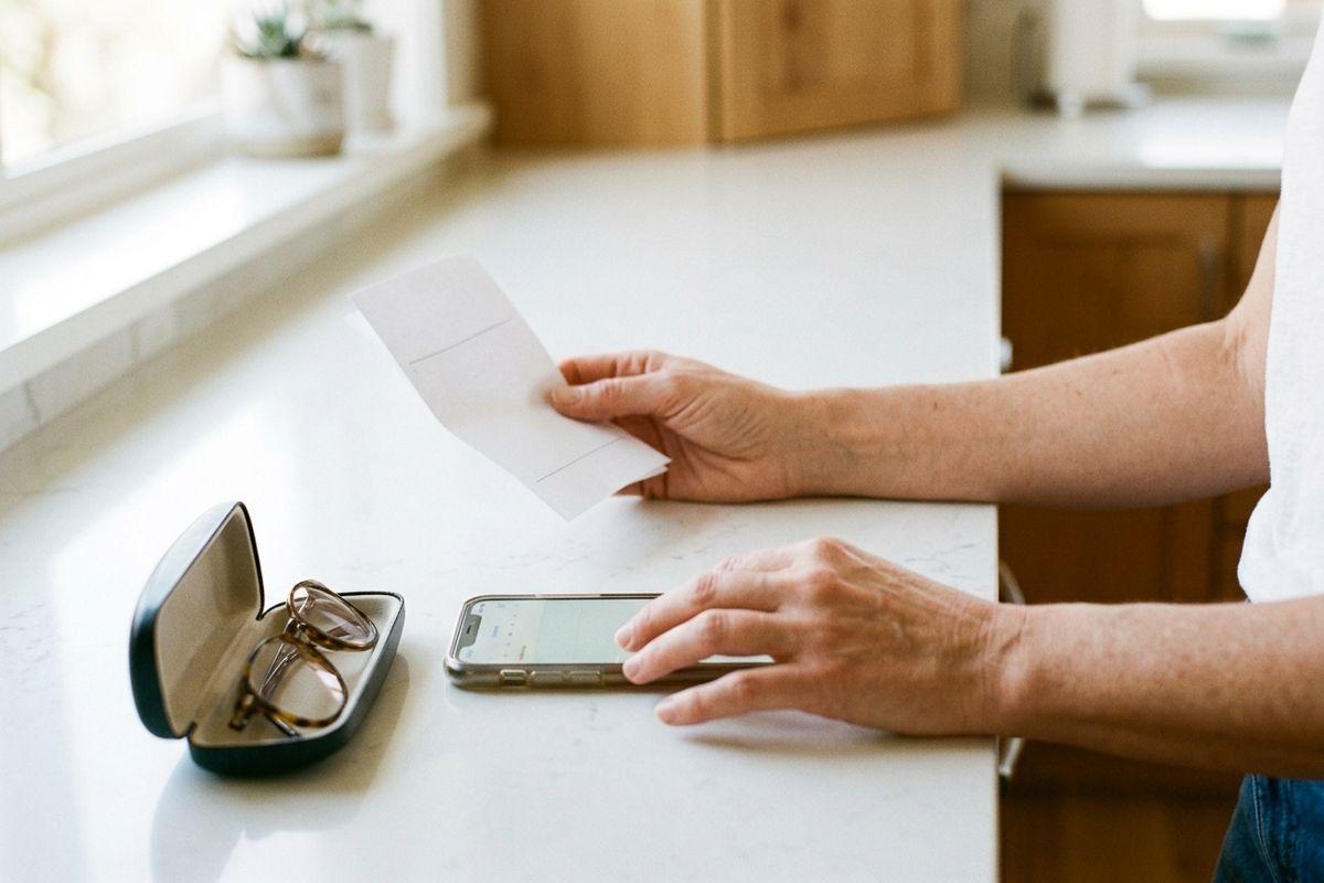 Person at a kitchen counter holding a folded paper in one hand and touching a smartphone with the other, beside an open glasses case.
